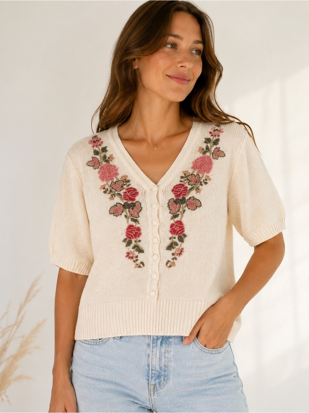 Vintage Evan Picone Floral Embroidered Cardigan Ramie Cotton Cream Pink S